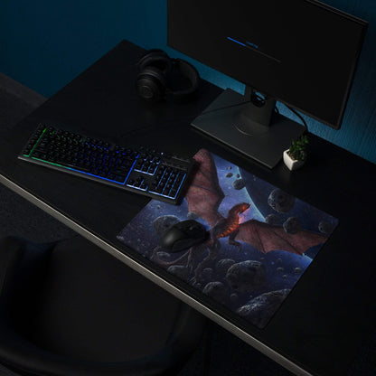 Vibrant red space dragon gaming mousepad soaring in starry cosmos