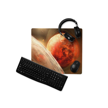 Large cosmic red planet galaxy gaming mouse pad with headphones