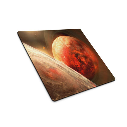 Large cosmic red planet galaxy gaming mouse pad with non-slip backing and stitched edges
