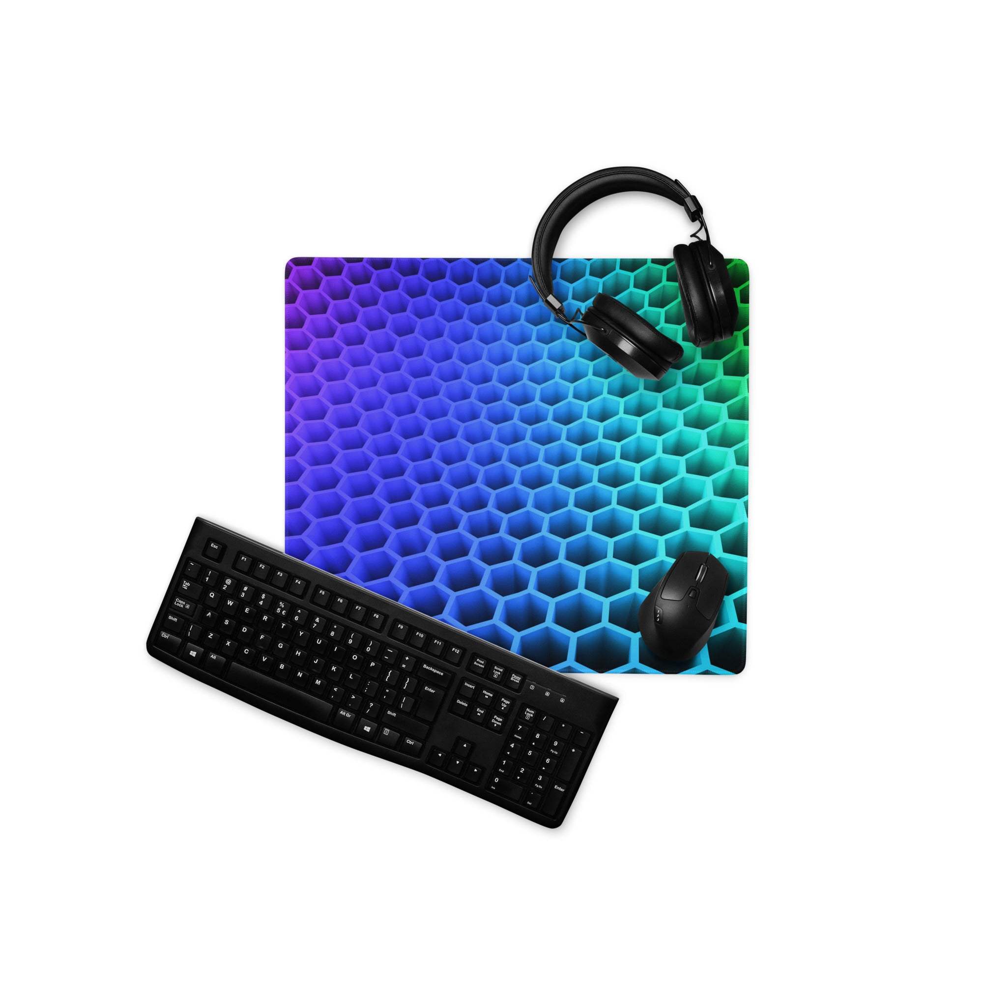 Vibrant purple-to-teal gradient hexagon gaming mouse pad with non-slip base