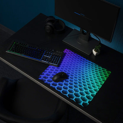 Vibrant rainbow gradient hexagon RGB gaming mouse pad with non-slip base