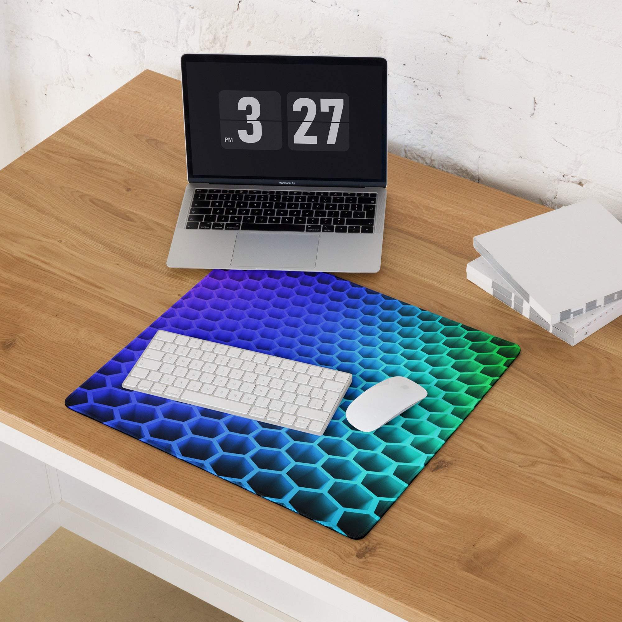 Vibrant blue teal green gradient hexagon gaming mouse pad large non-slip base