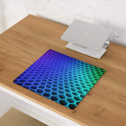 Vibrant rainbow gradient hexagon gaming mouse pad with non-slip base