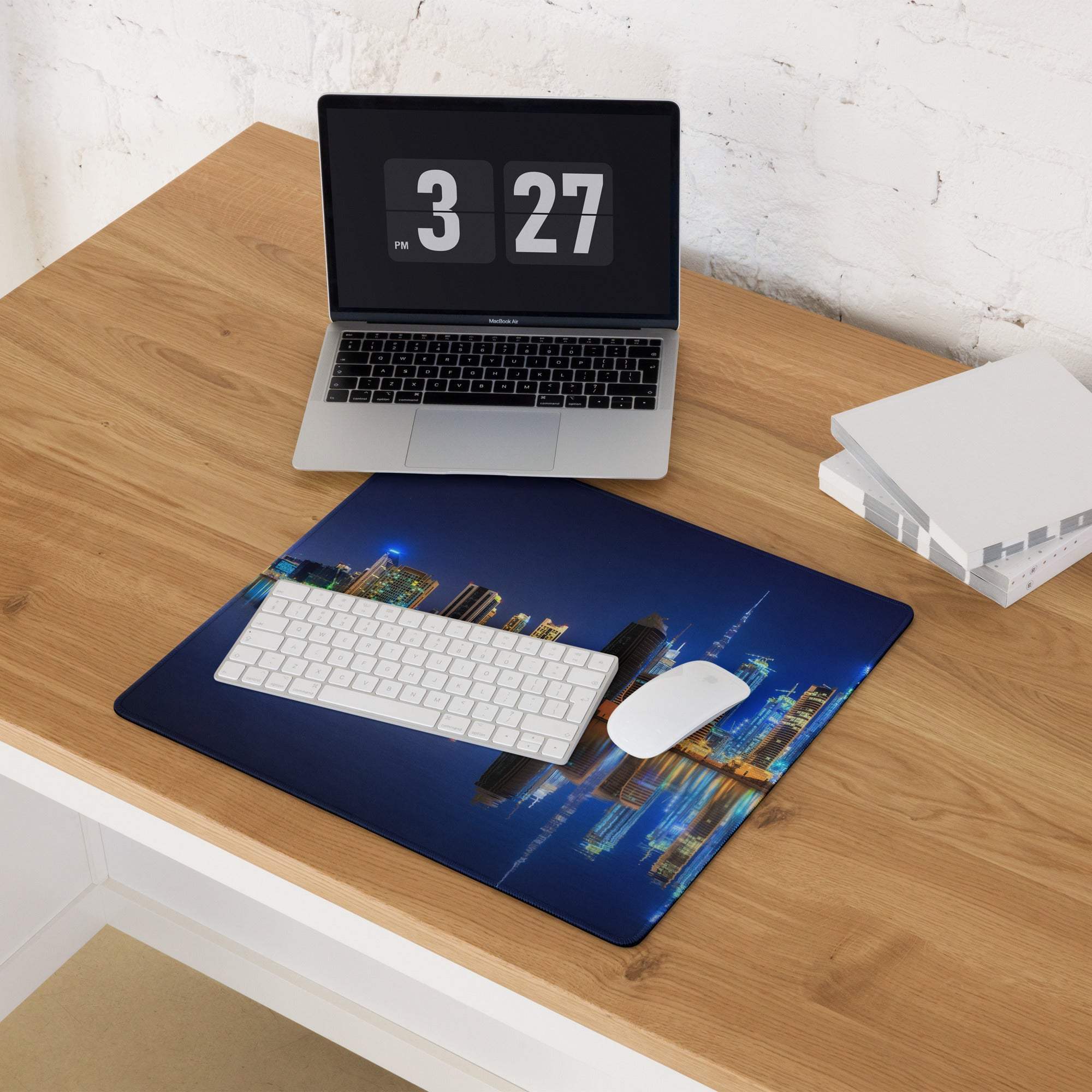 Blue cityscape keyboard mouse pad with night glow for gaming PC setups