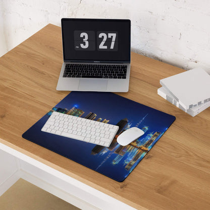 Blue cityscape keyboard mouse pad with night glow for gaming PC setups