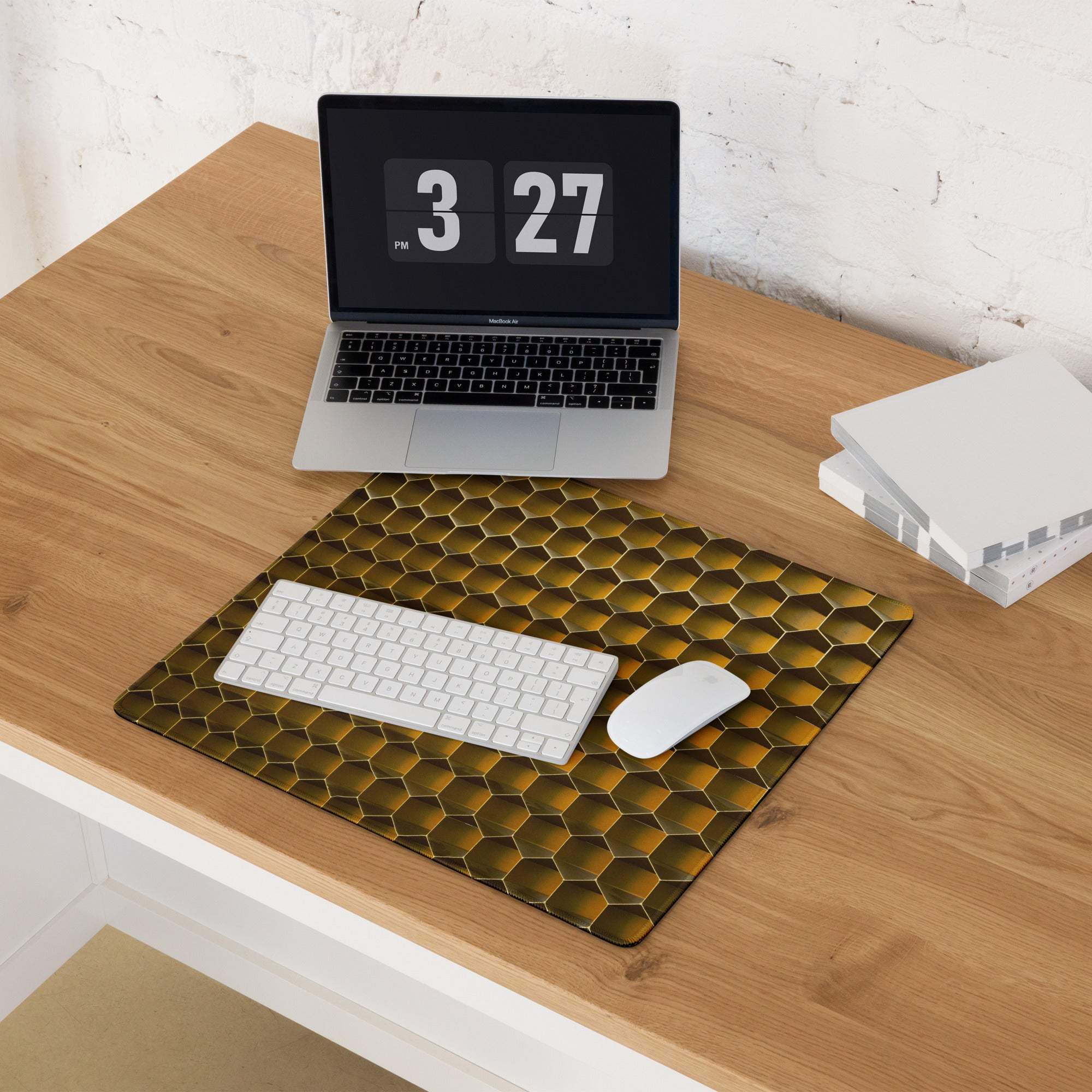 Golden honeycomb hex pattern gaming mouse pad with non-slip base