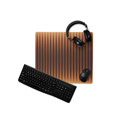Copper Stripe large gaming mouse pad with keyboard and headphones on brown stripes