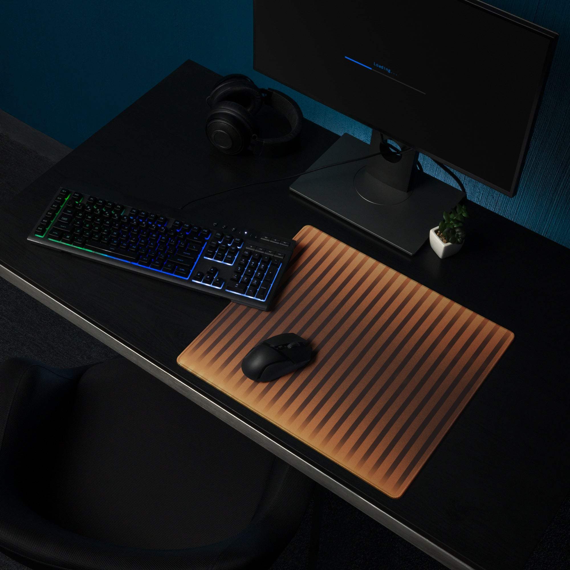 Copper Stripe Style large gaming mouse pad with warm brown stripes and non-slip backing