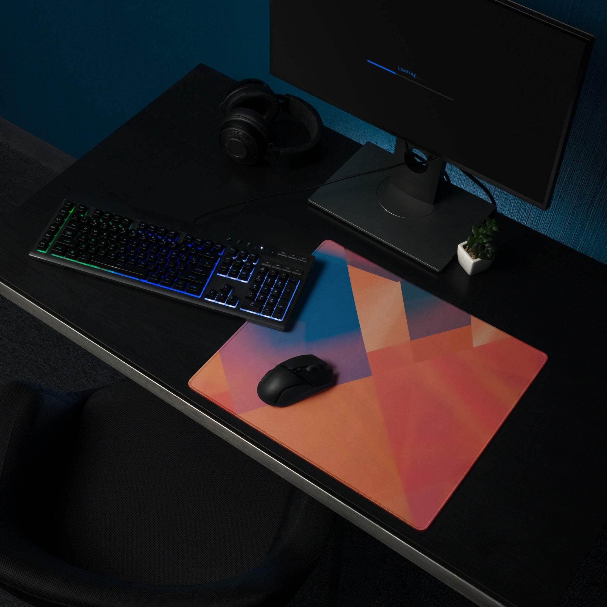 Vibrant geometric abstract colorful gaming mouse pad with orange-pink-blue gradient, large non-slip surface