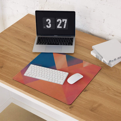 Vibrant geometric abstract gaming mouse pad with orange-red-blue gradient, large non-slip surface