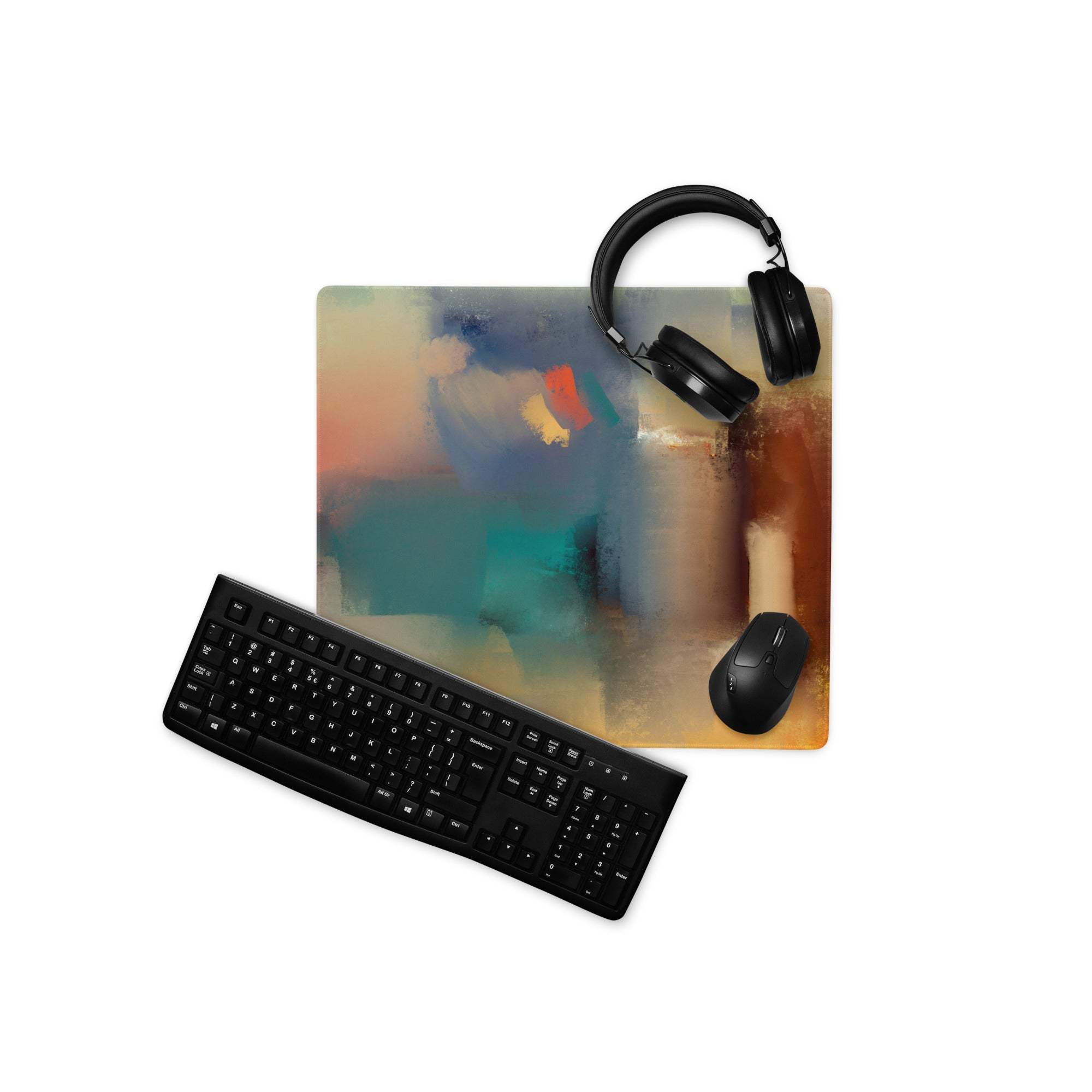 Abstract art gaming mouse pad in teal orange brown hues large non-slip vibrant gradient