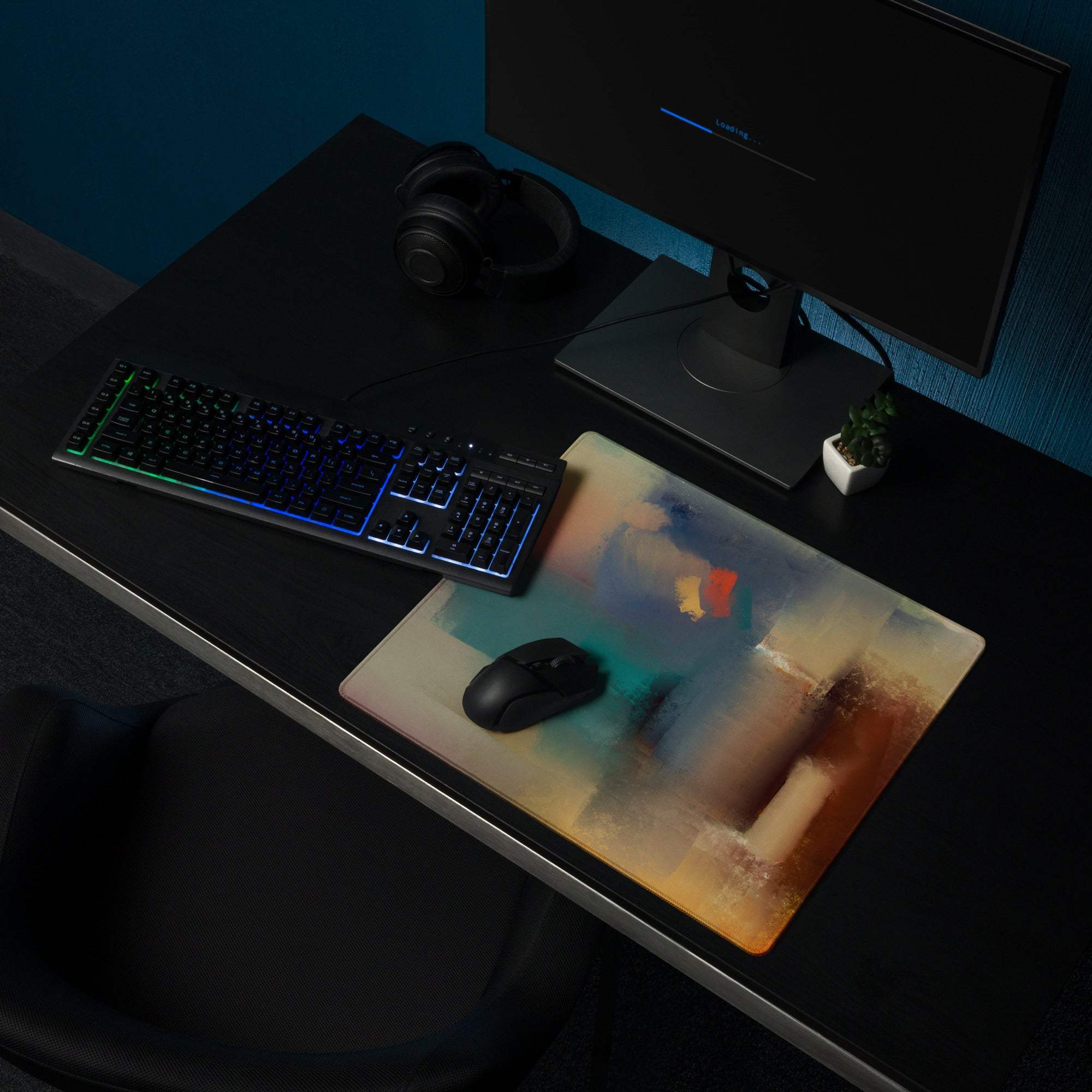 Large abstract watercolor gaming mouse pad in beige teal orange with non-slip base