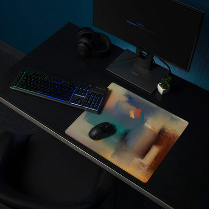 Large abstract watercolor gaming mouse pad in beige teal orange with non-slip base