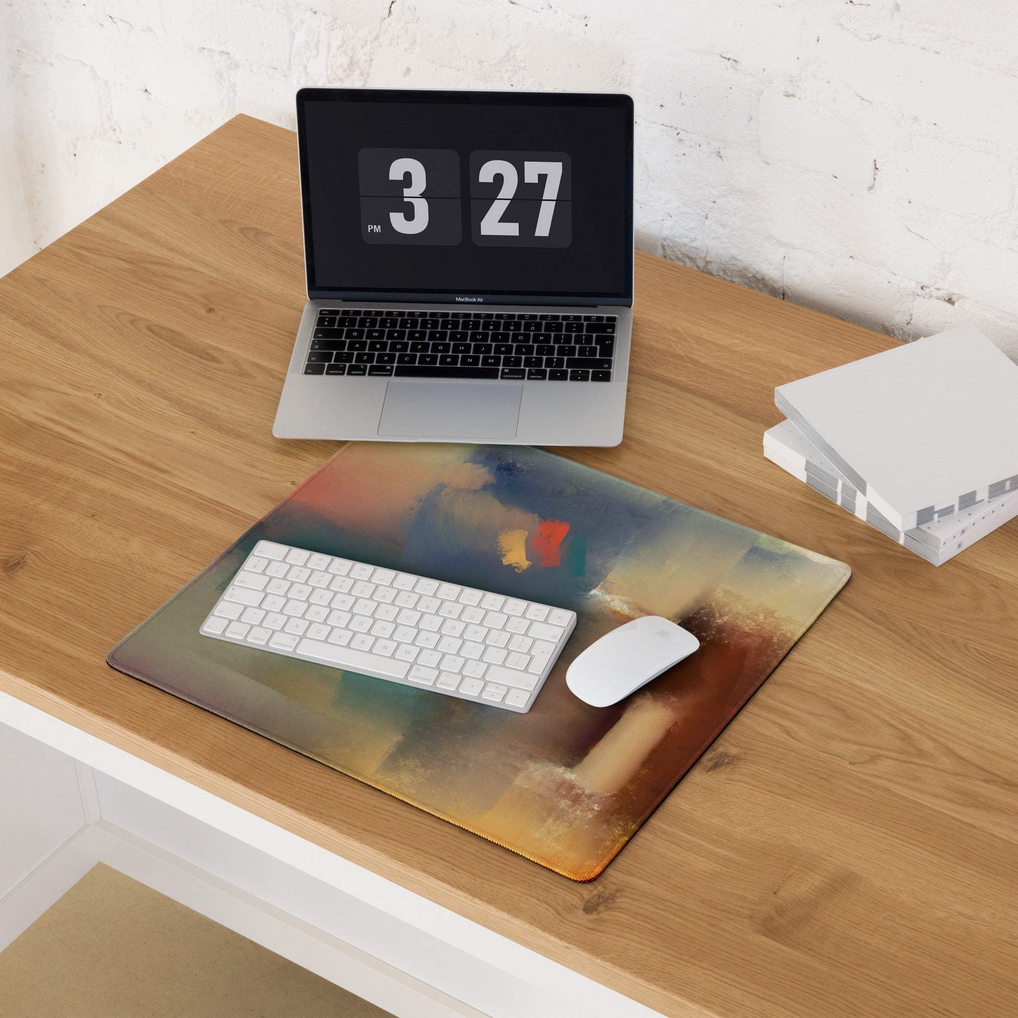 Large abstract art gaming mouse pad with paint-splatter design, non-slip base