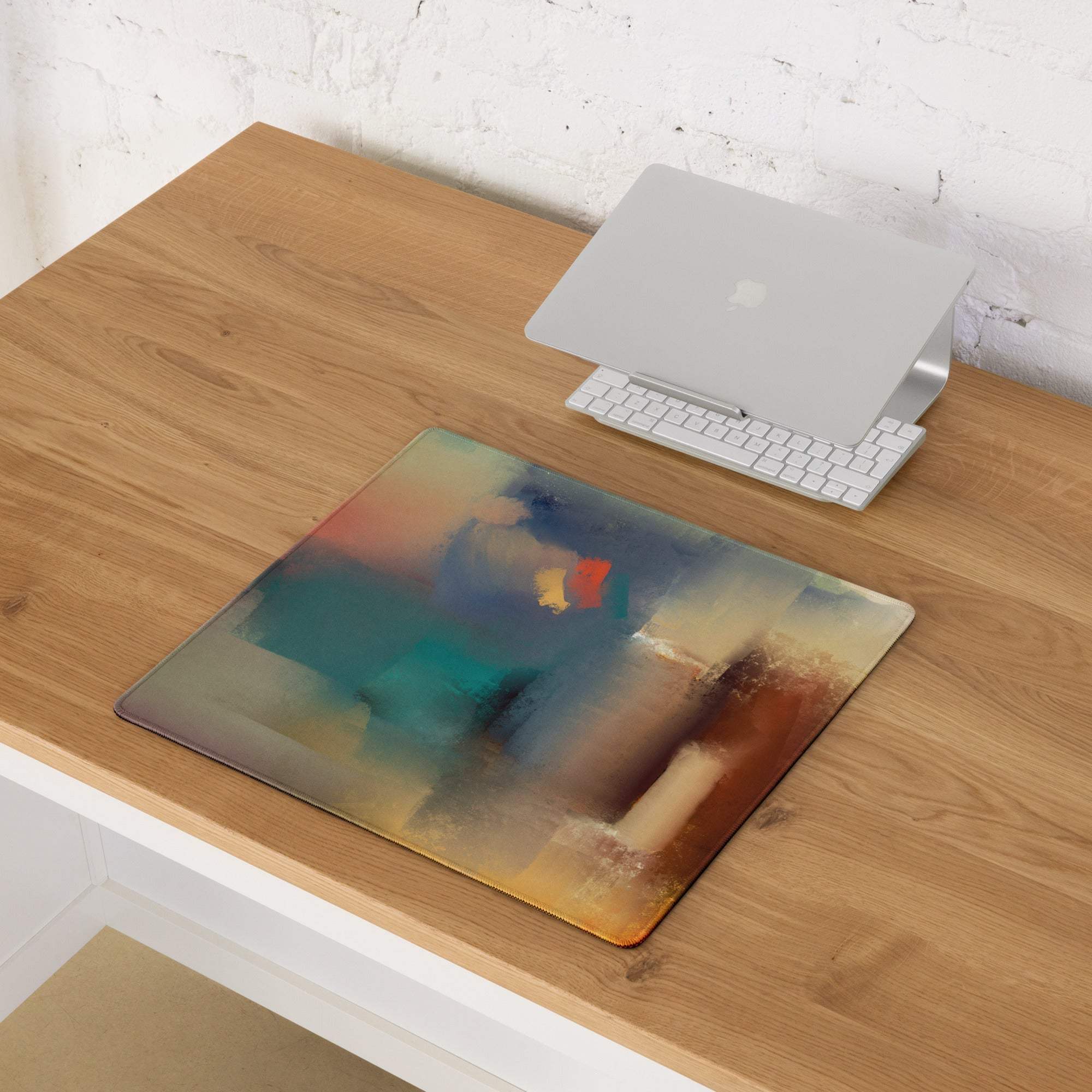 Large abstract watercolor gaming mouse pad in teal brown orange with non-slip base