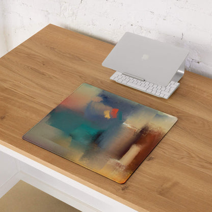Large abstract watercolor gaming mouse pad in teal brown orange with non-slip base
