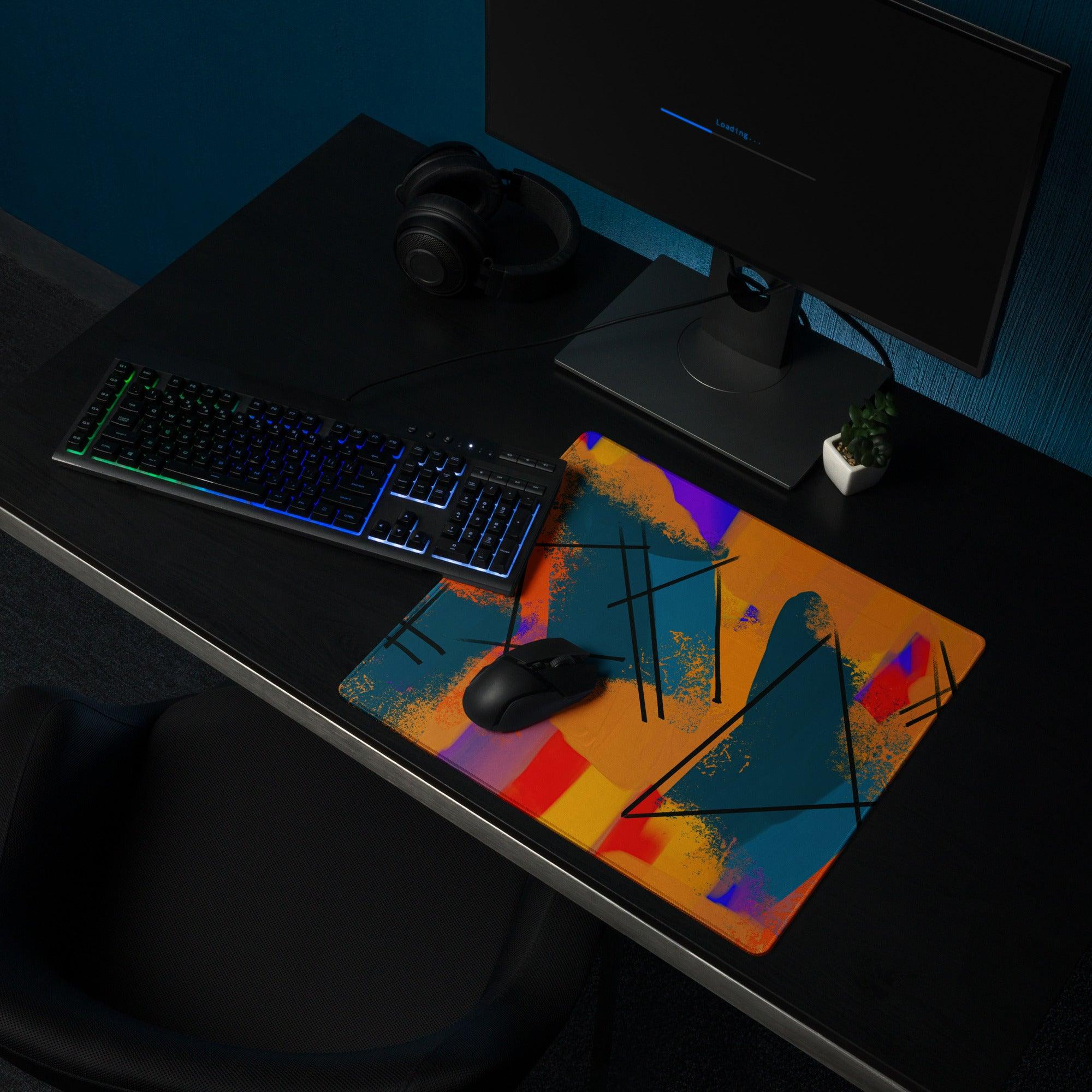 Bold abstract orange teal purple geometric gaming mouse pad with non-slip backing
