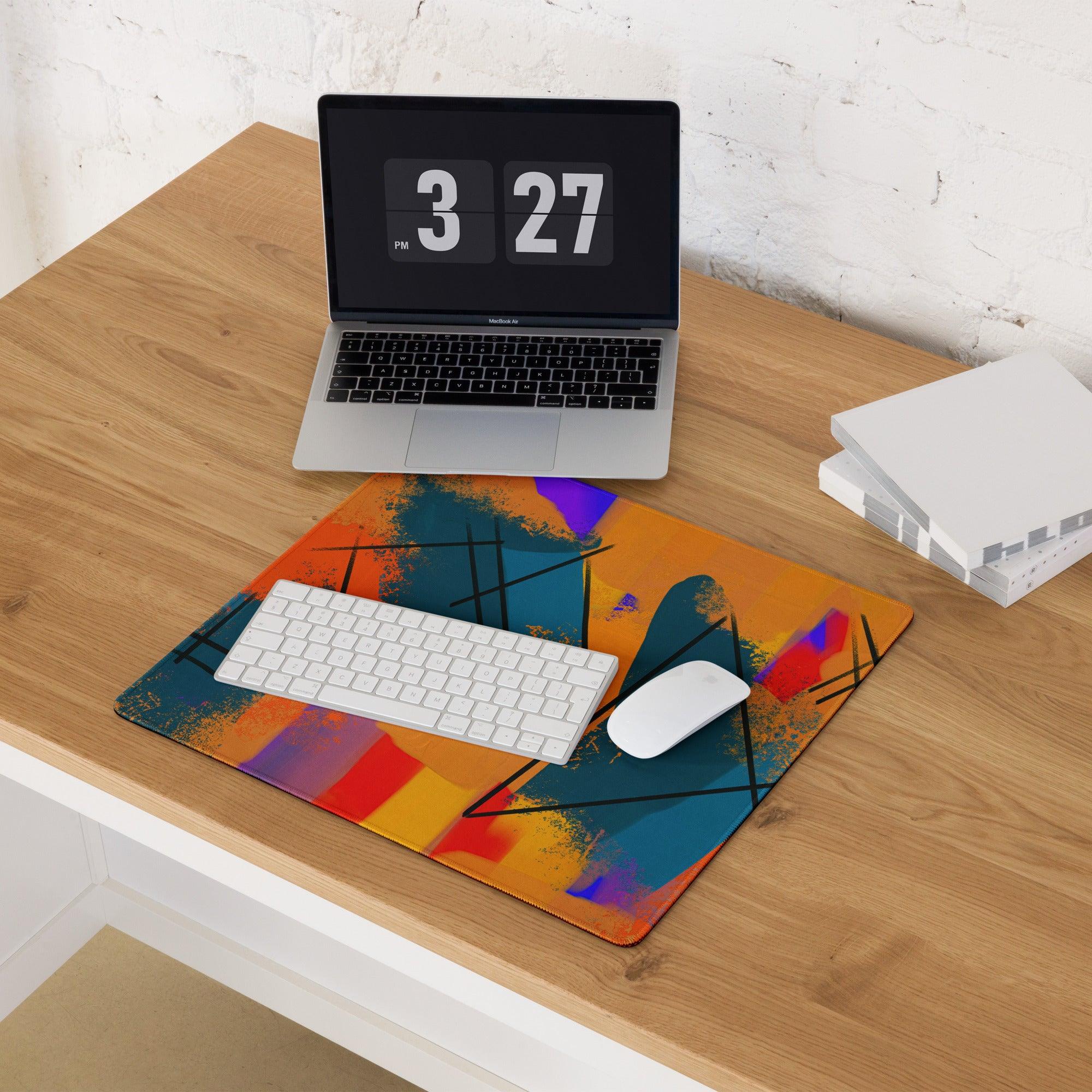 Bold abstract orange teal mouse pad with vibrant brushstrokes and non-slip backing