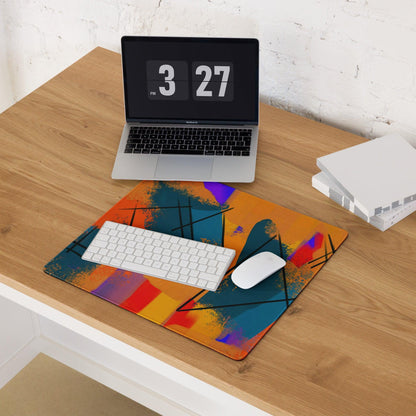 Bold abstract orange teal mouse pad with vibrant brushstrokes and non-slip backing