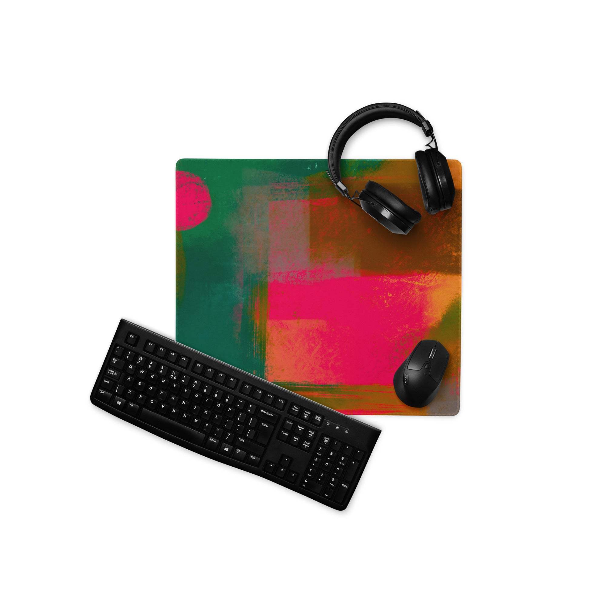 Vibrant abstract art gaming mouse pad with pink green orange brushstrokes