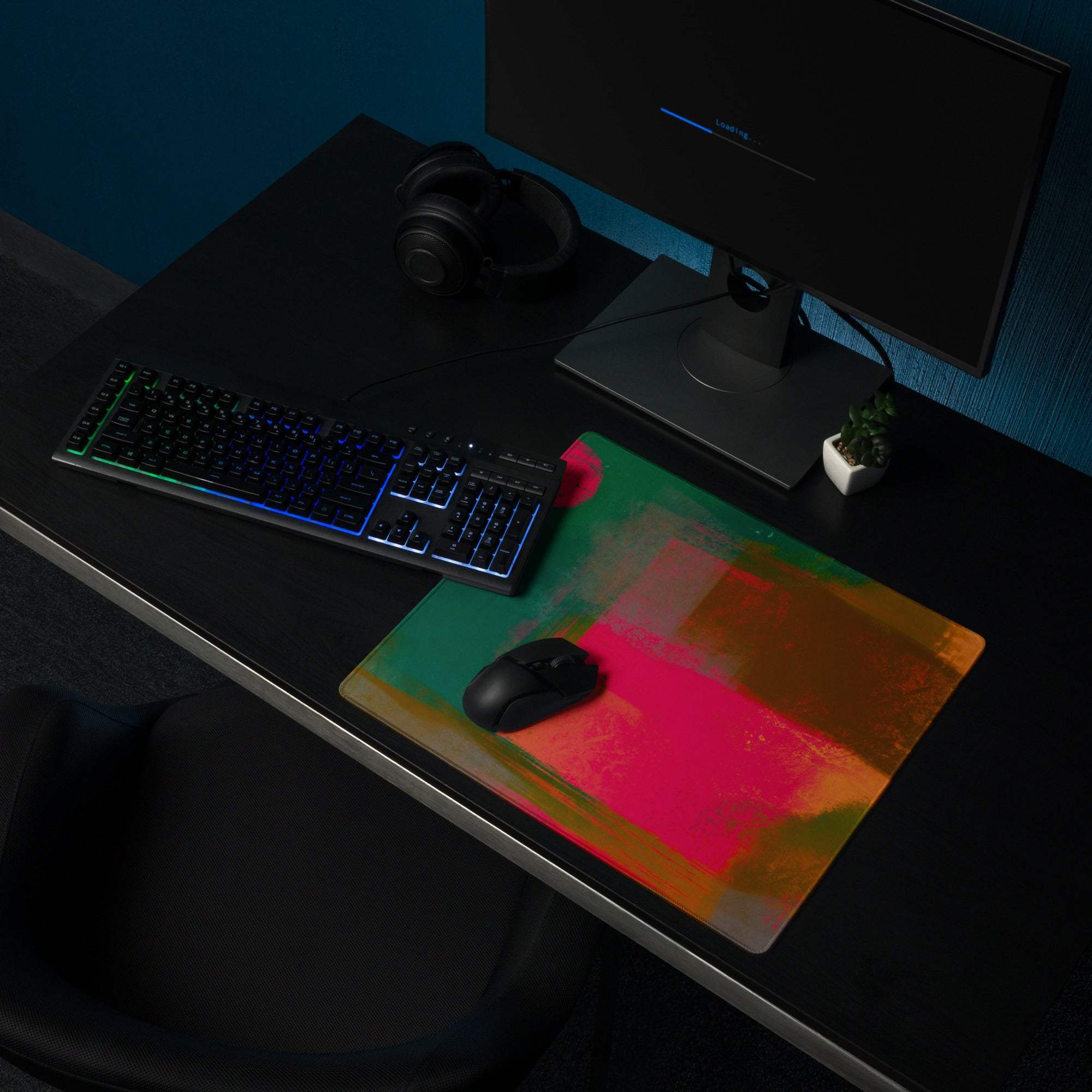 Vibrant abstract art gaming mouse pad in green pink orange gradient