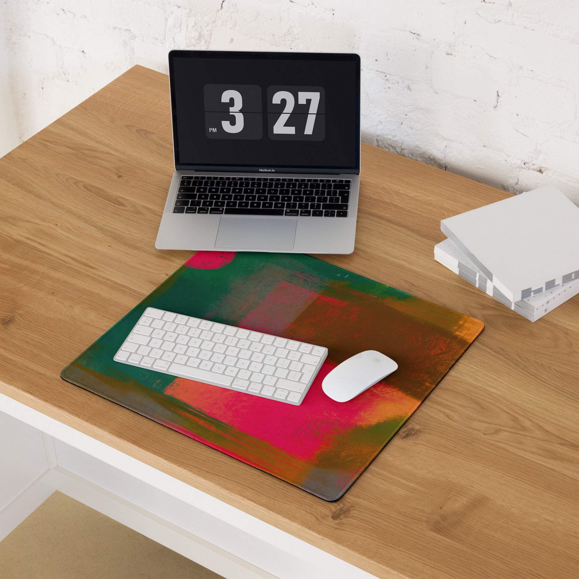 Abstract art style large gaming mouse pad in neon green red orange splashes