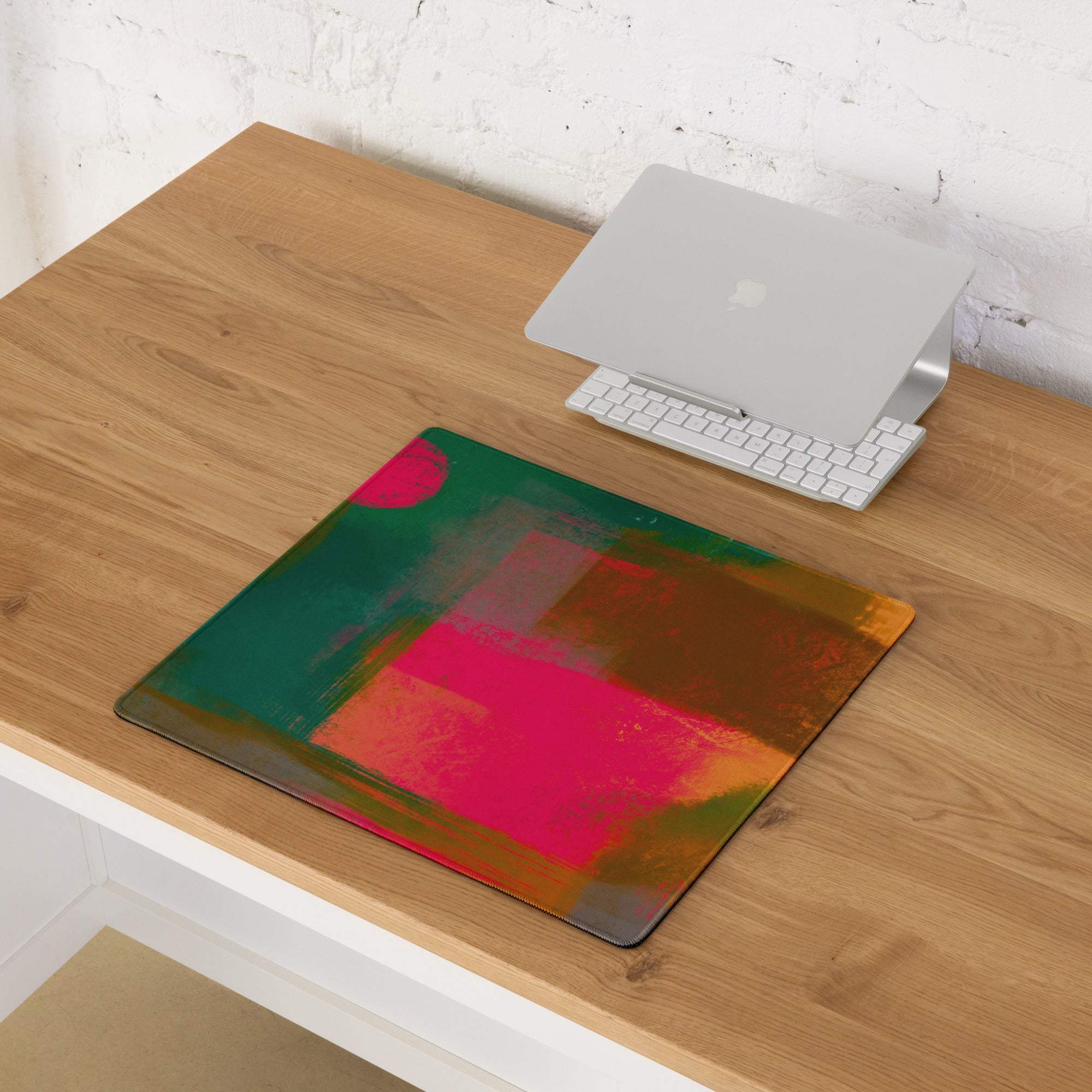 Abstract art style large gaming mouse pad with pink green orange blocks
