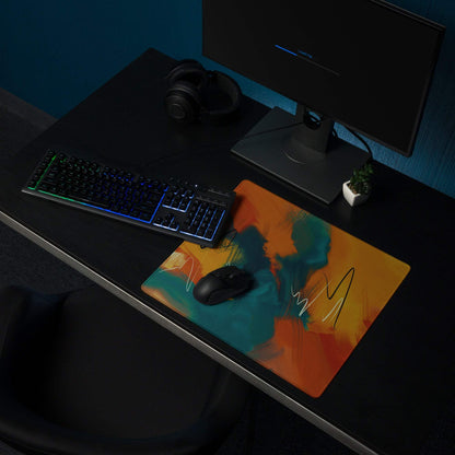 Vibrant abstract gaming mouse pad with orange teal yellow swirls large non-slip stitched