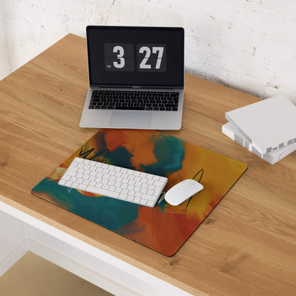 Large abstract art gaming mouse pad in vibrant orange teal yellow with non-slip base stitching