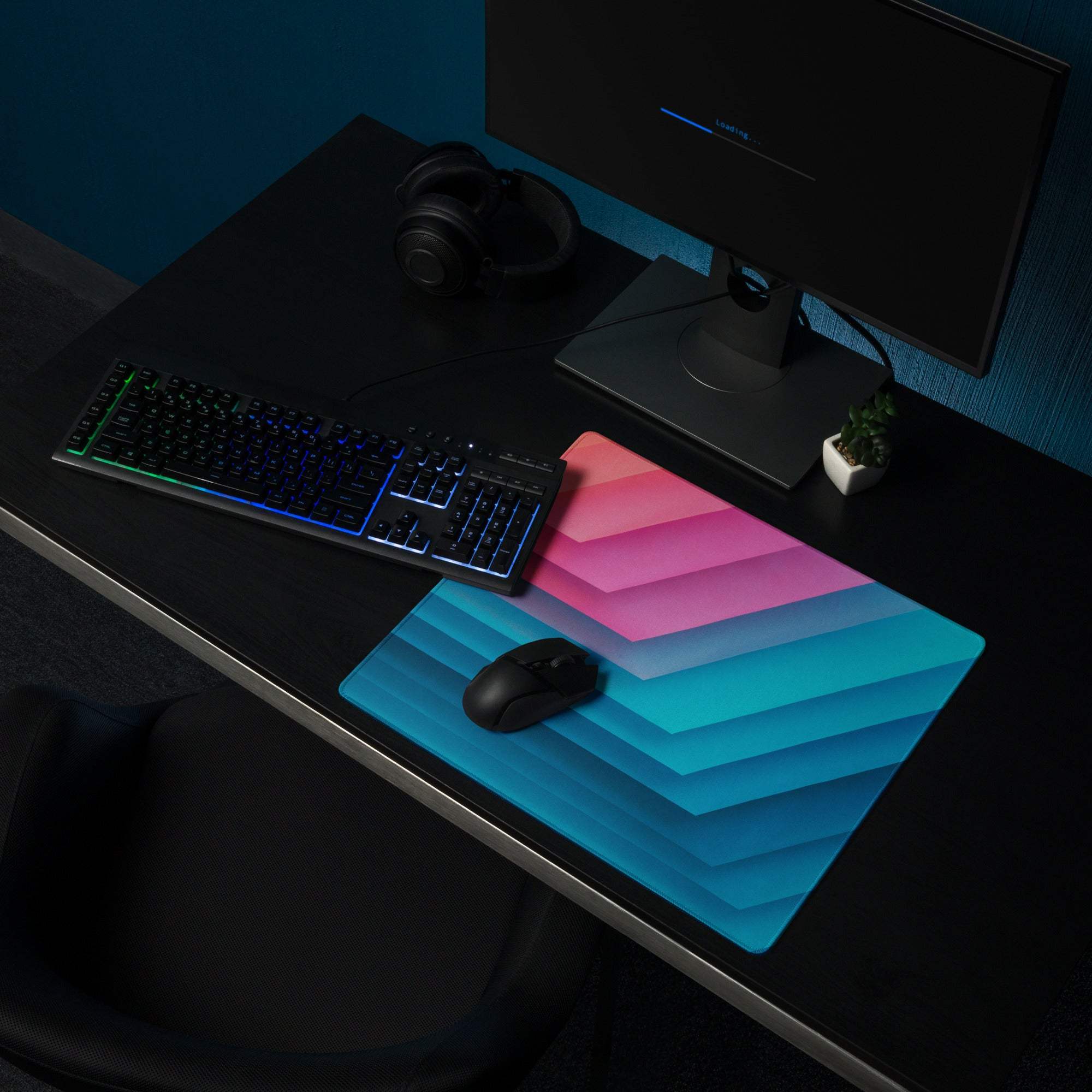 Gradient geometric pink to blue large gaming mouse pad with non-slip base