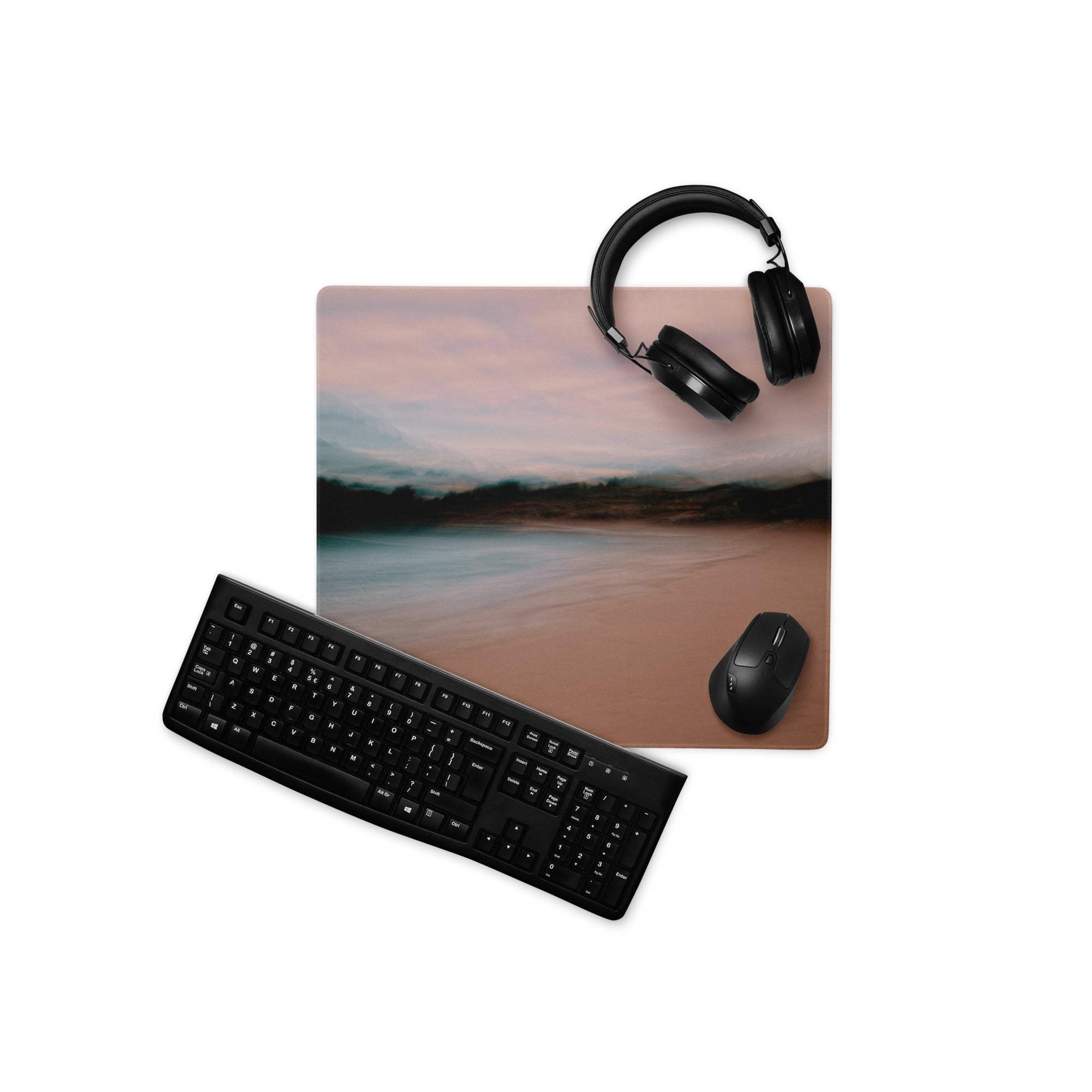 Serene sunset beach gaming mouse pad with large non-slip surface