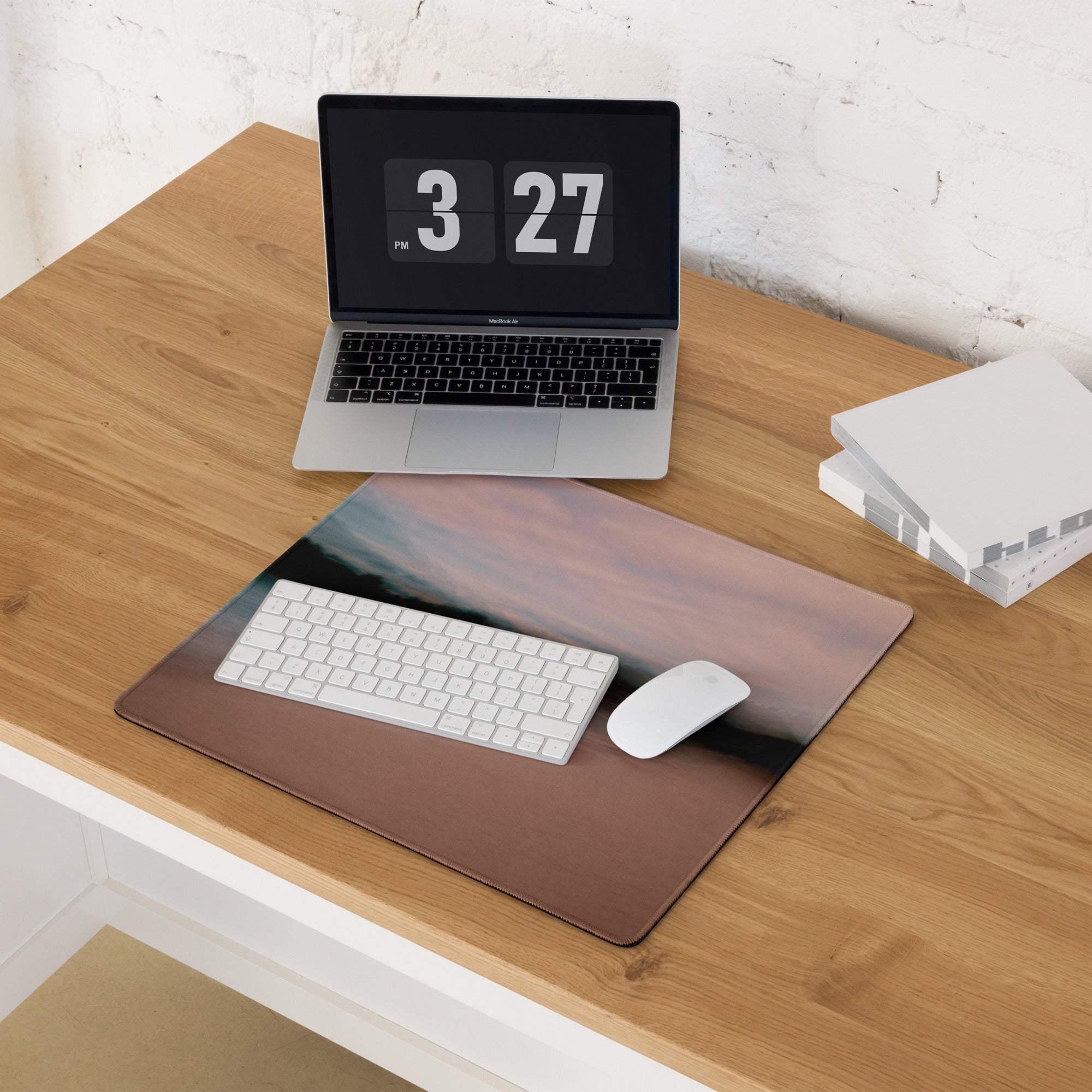 Serene Sunset gaming mouse pad with rose-to-brown gradient and stitched edges