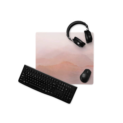 Pastel pink mountain watercolor gaming mouse pad with headphones