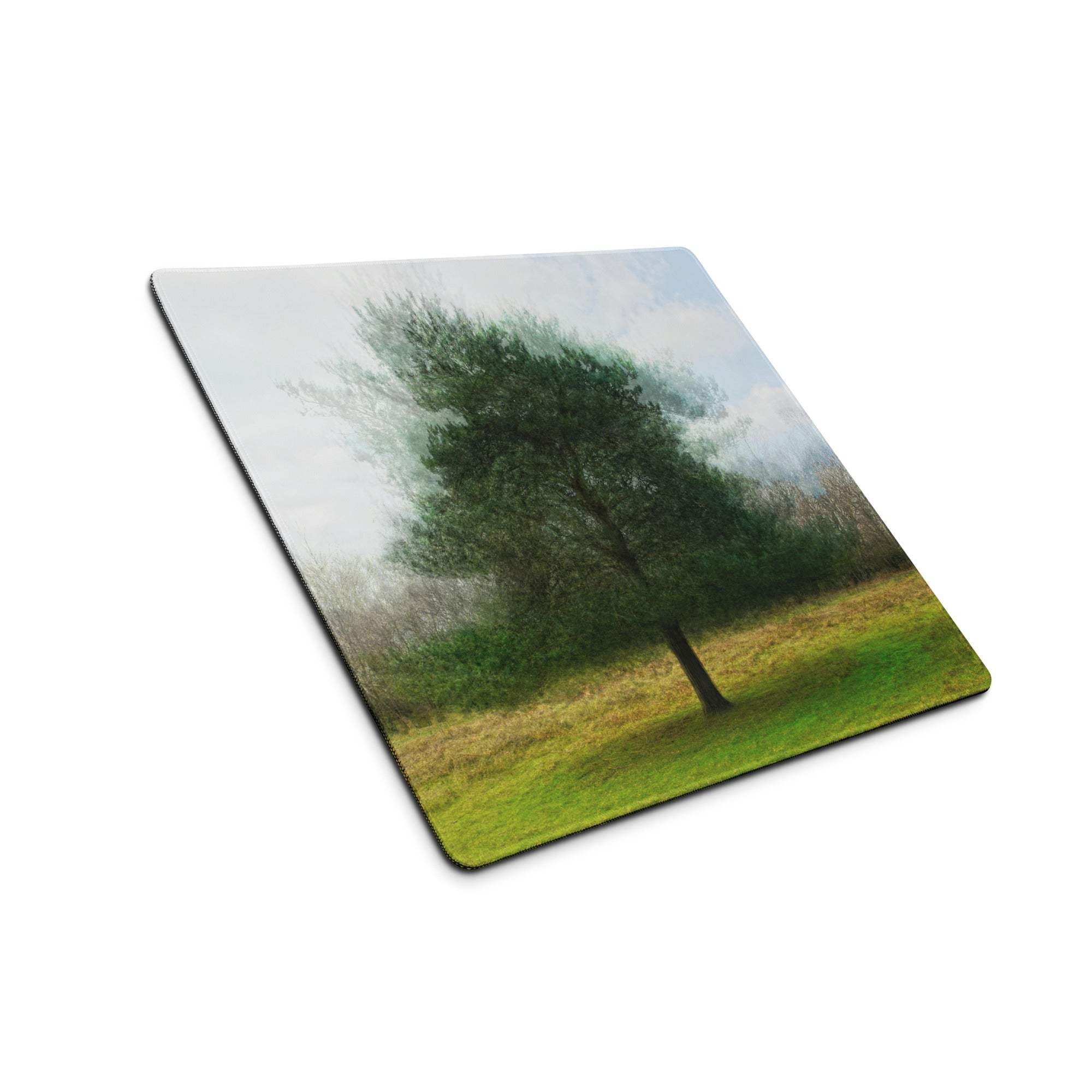 Nature inspired tree in misty field on large non-slip gaming mouse pad