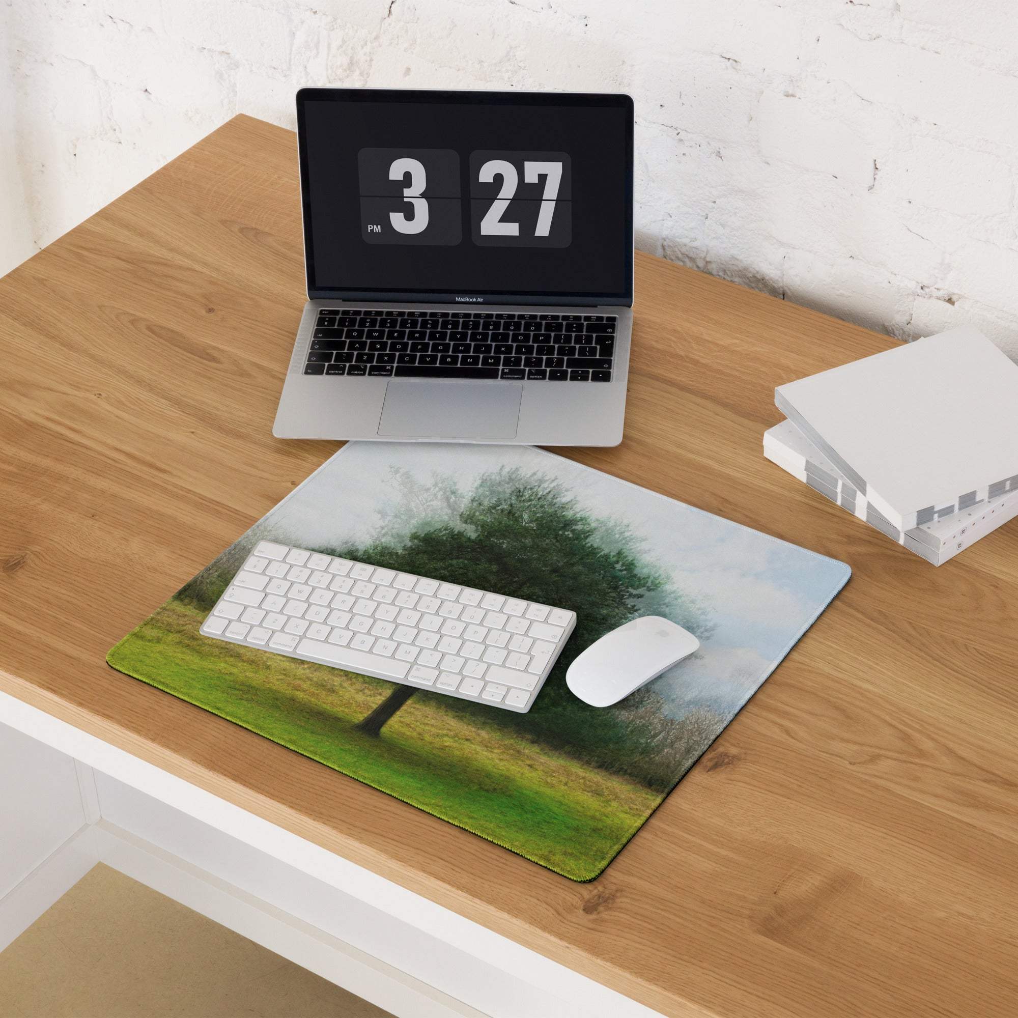 Nature tree landscape gaming mouse pad in calm green tones large non-slip