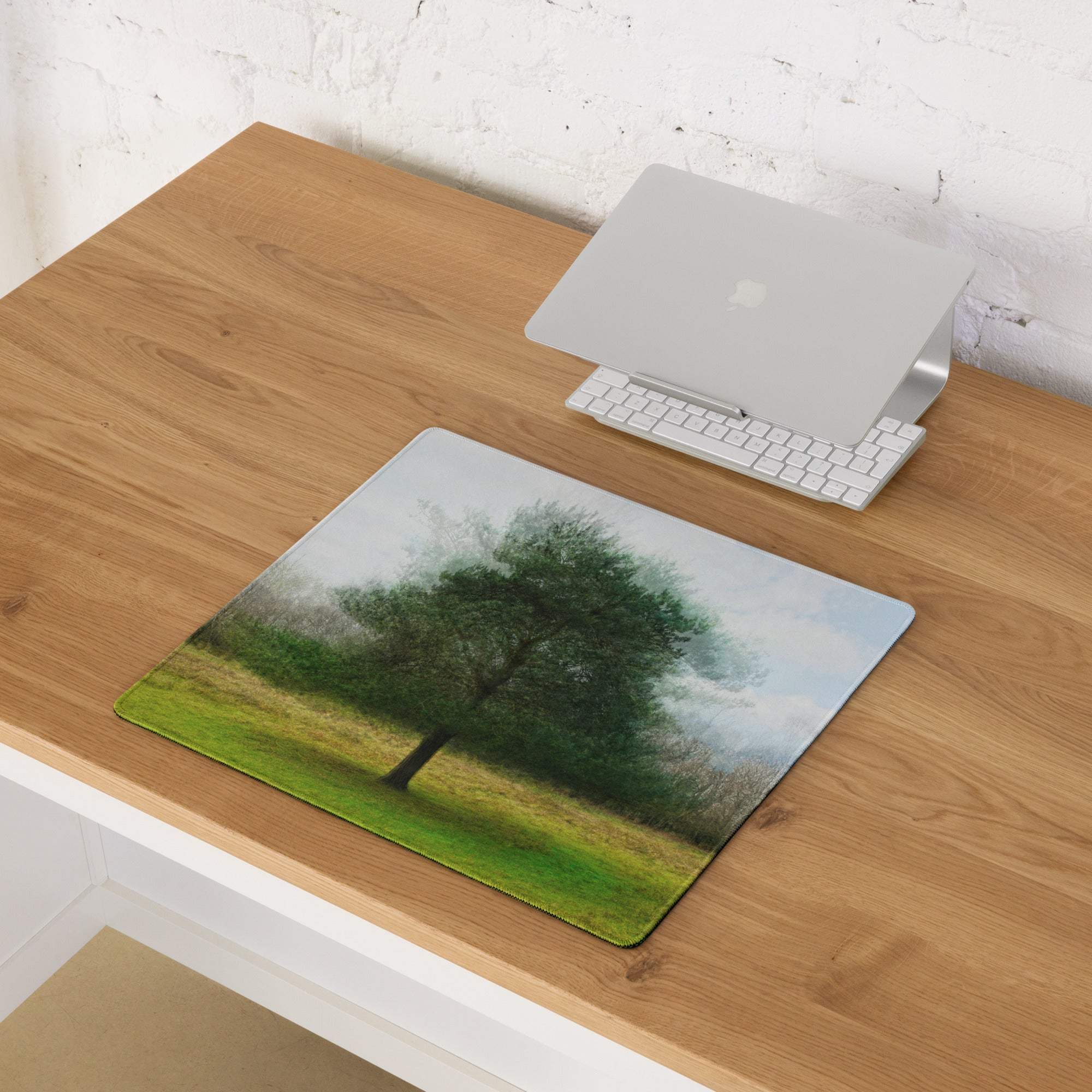 Nature inspired green tree landscape gaming mouse pad, misty field, large non-slip