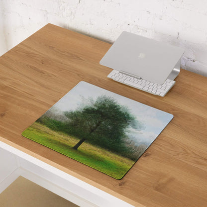 Nature inspired green tree landscape gaming mouse pad, misty field, large non-slip