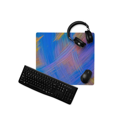 Blue purple abstract brushstroke gaming mouse pad with black keyboard headphones