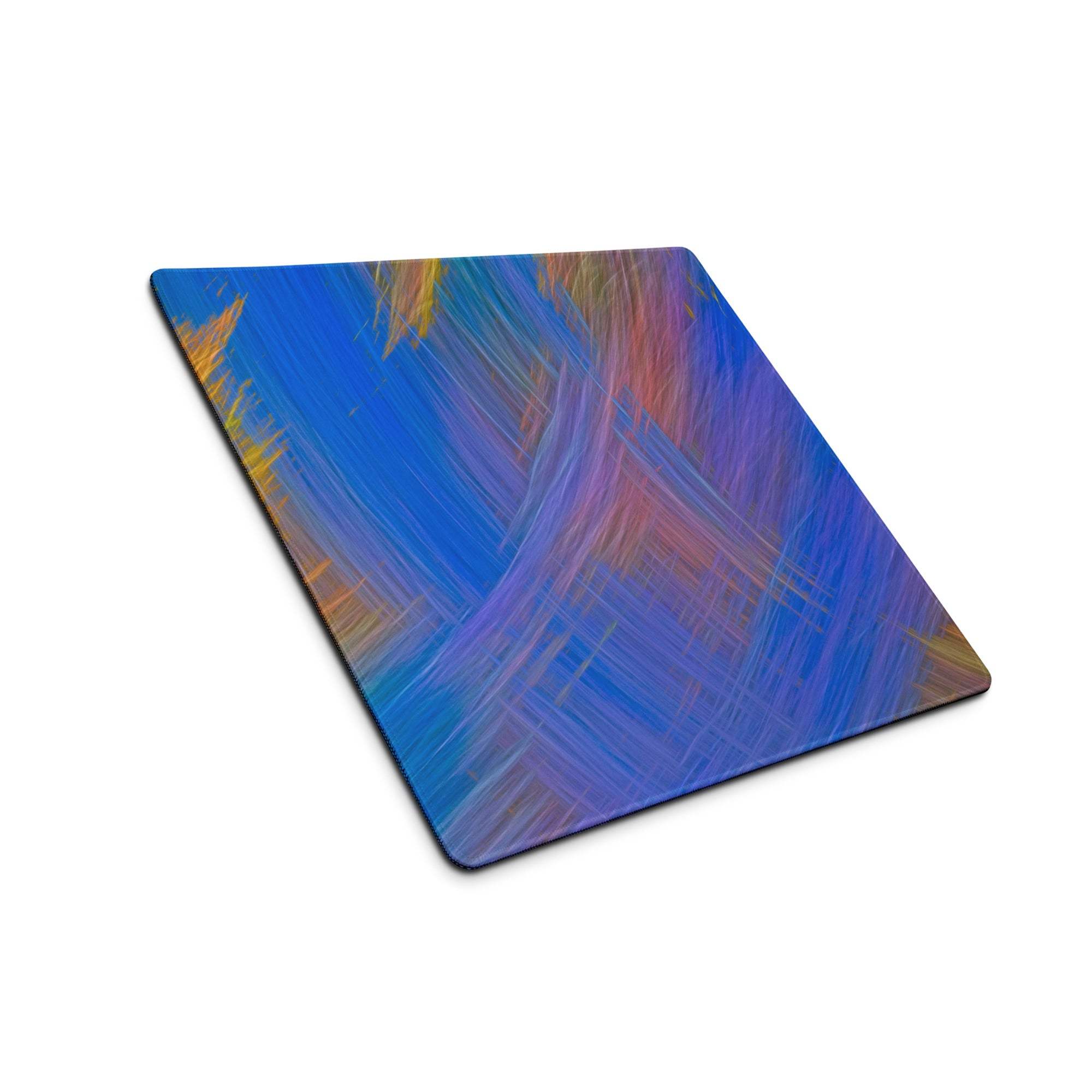 Blue abstract paintbrush stroke gaming mouse pad with purple, orange, yellow streaks