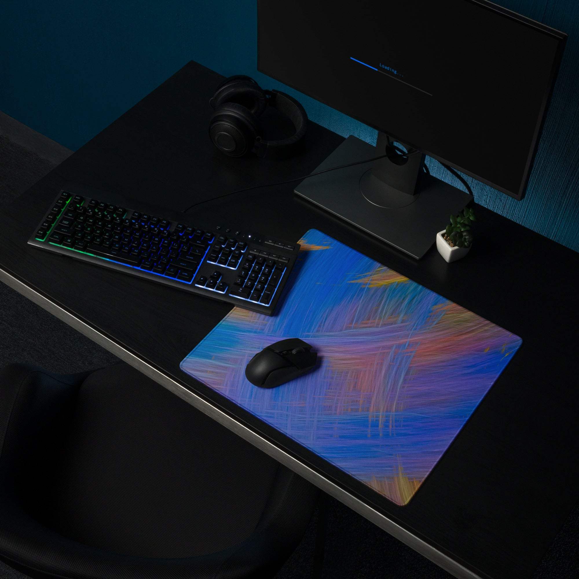 Vibrant abstract blue purple pink brushstroke large gaming mouse pad