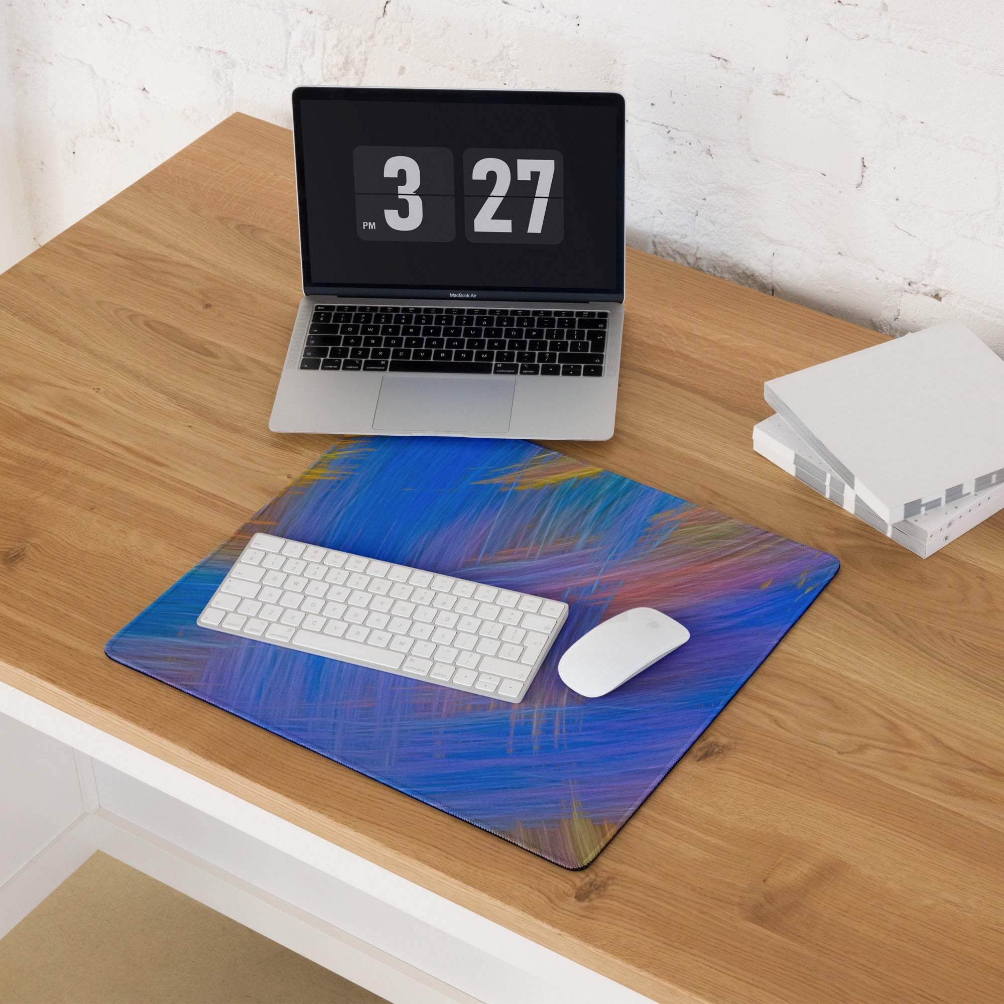 Blue purple abstract brushstroke gaming mousepad with white keyboard mouse