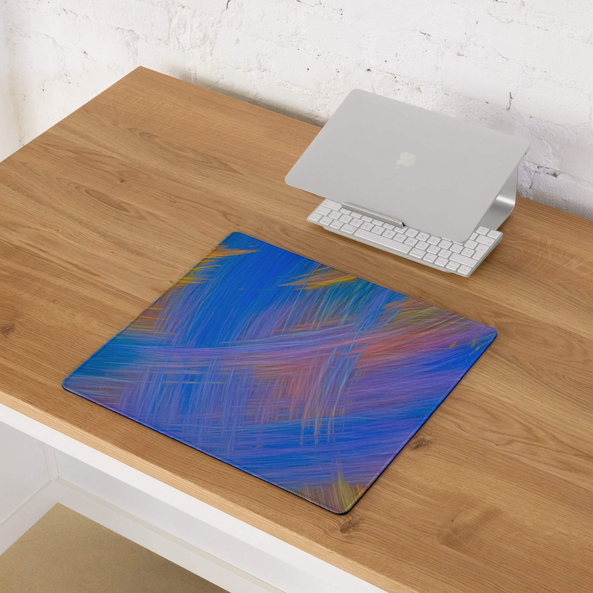 Blue purple abstract brushstroke gaming mouse pad non-slip base stitching