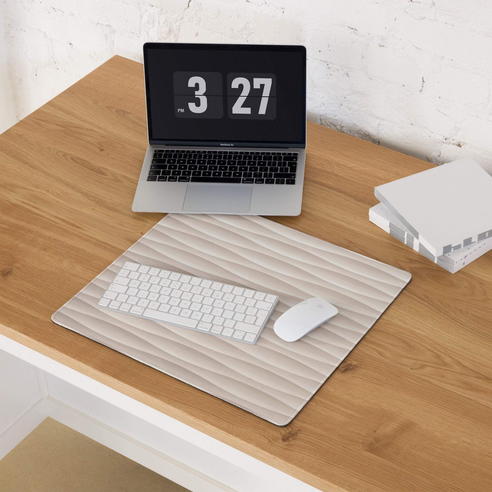 Cream beige wave textured gaming mouse pad with non-slip base and edge stitching