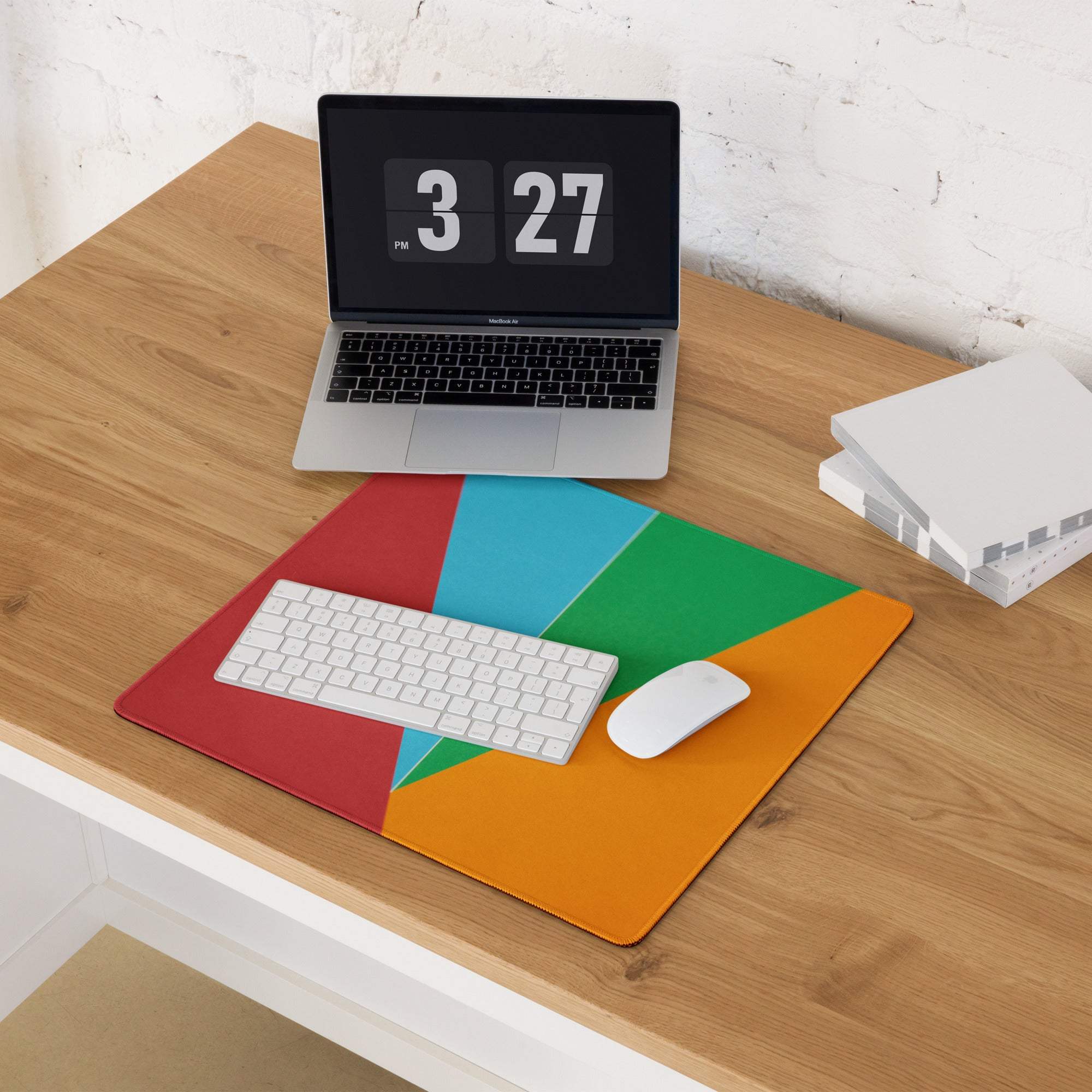 Vibrant abstract geometric color blocking gaming mouse pad with red blue green orange sections