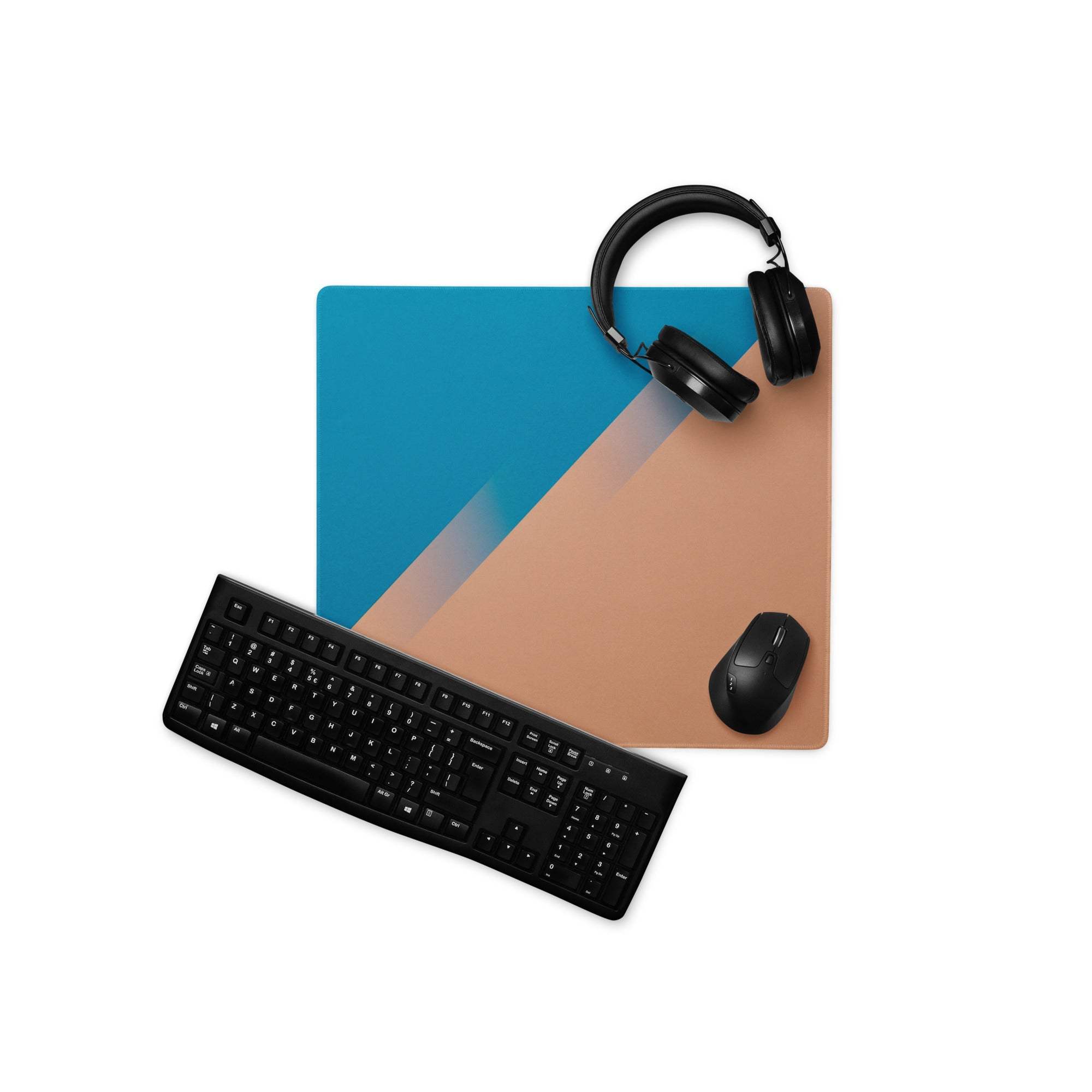 Blue and tan geometric design on large gaming mouse pad back