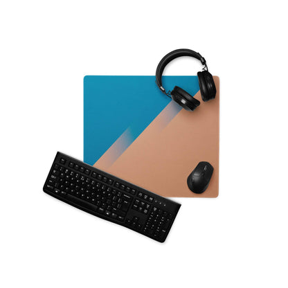 Blue and tan geometric design on large gaming mouse pad back