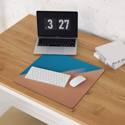 Tan leather desk mat with blue geometric accent on large gaming mouse pad