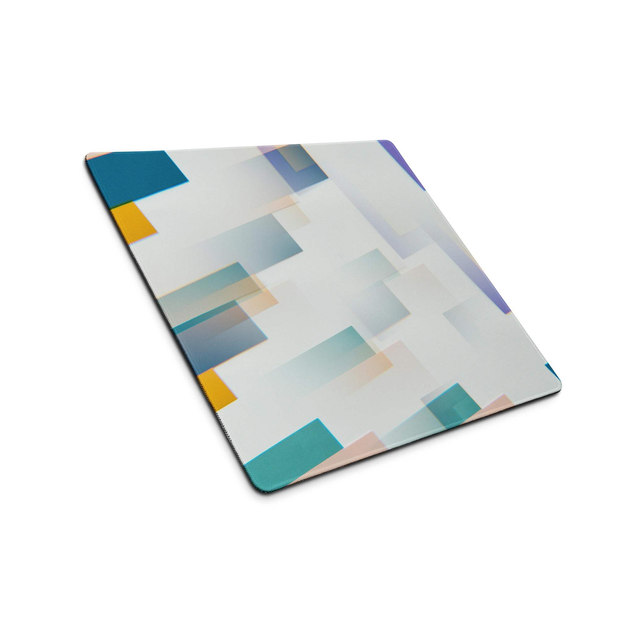 Large colorful abstract geometric gaming mouse pad with teal blue squares