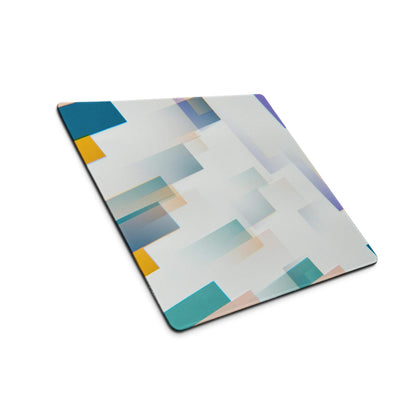 Large colorful abstract geometric gaming mouse pad with teal blue squares