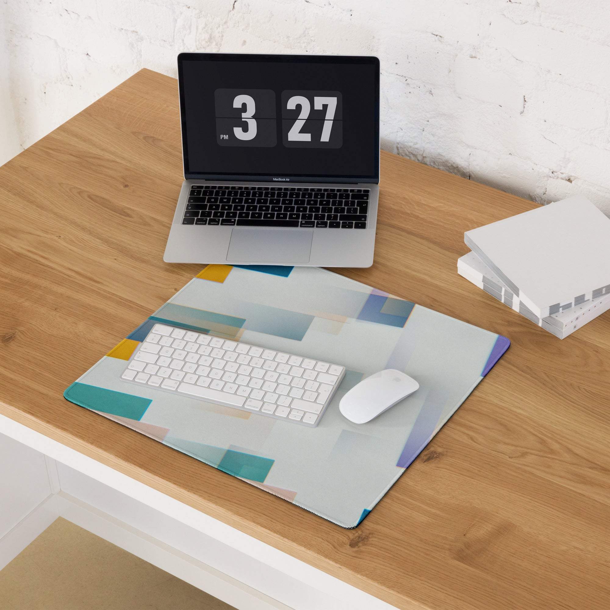 Large colorful abstract geometric gaming mouse pad in pastel teal yellow lavender tones